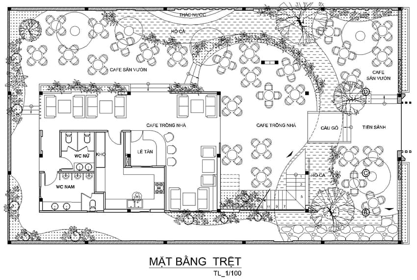Bản vẽ thiết kế mặt bằng tầng trệt tối ưu cho quán cà phê